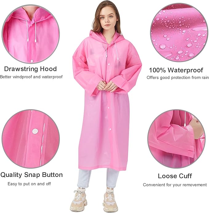 Rain Ponchos Raincoats for Adults Women, Reusable Rain Jacket Coats with Hood for Family Disney Park Travel 2 Pack