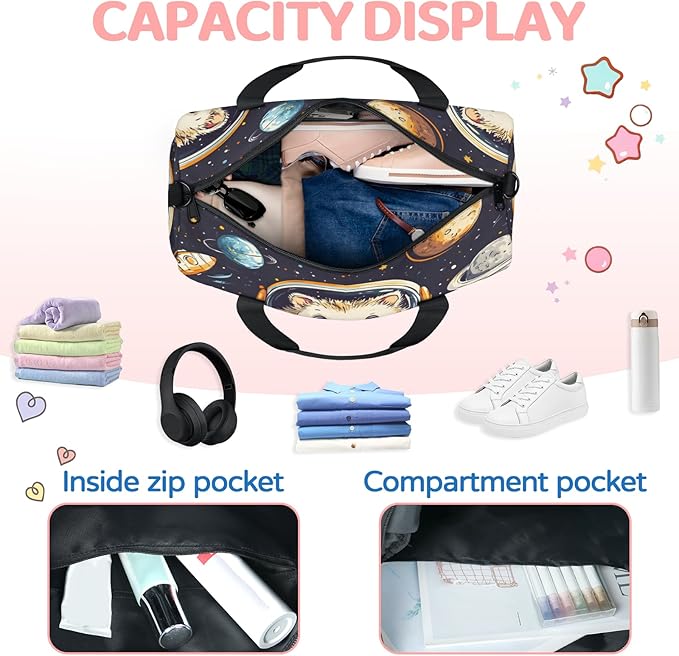 Space Theme Animal Travel Duffle Bag for Women Men, Overnight Weekender Bag, Carry on Tote for Sport Gym