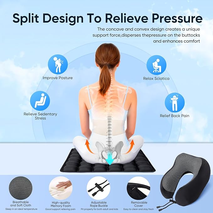 Travel mat - inflatable bubble design, used for car/office/airplane seat cushion, equipped with storage bags. Ergonomically designed 3D inflatable airbag, including neck pillow kit (Rectangle)
