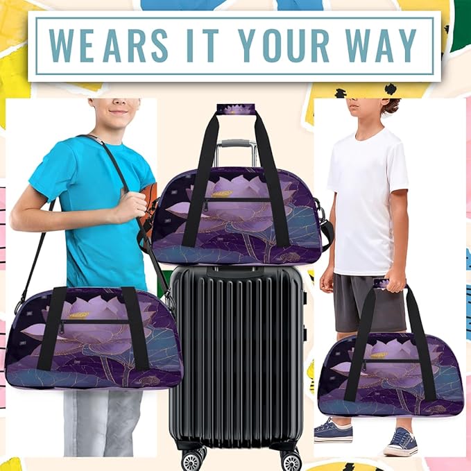 Kids Duffle Bag Girls Boys Bohemian Purple Lotus Floral Weekender Overnight Bag,Lightweight Duffel Bags for Traveling Gym Sport Dance