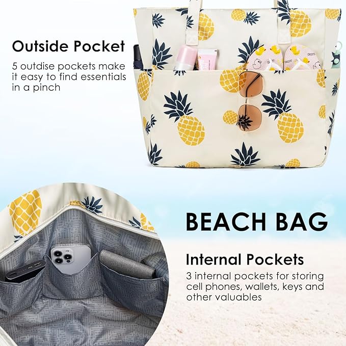 KABAQOO Extra Large Beach Bag Waterproof Sandproof Women Beach Tote with Zipper & Wet Compartment for Pool Gym Grocery Travel