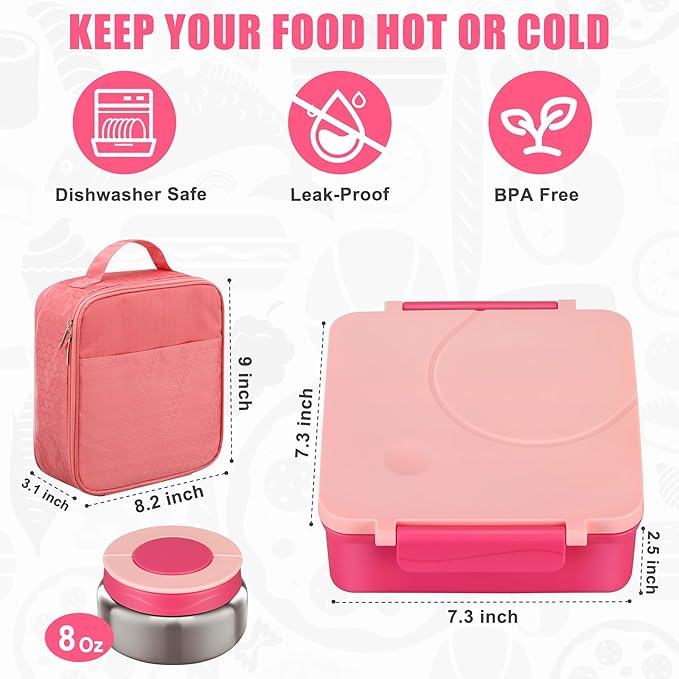 Itslife Bento Lunch Box for Kids with 8oz Soup Thermo&Lunch Bag, Leak-Proof Lunch Food Containers with 4 Compartment, Hot Food Insulated Food Jar for Kids School (Pink&Grey)
