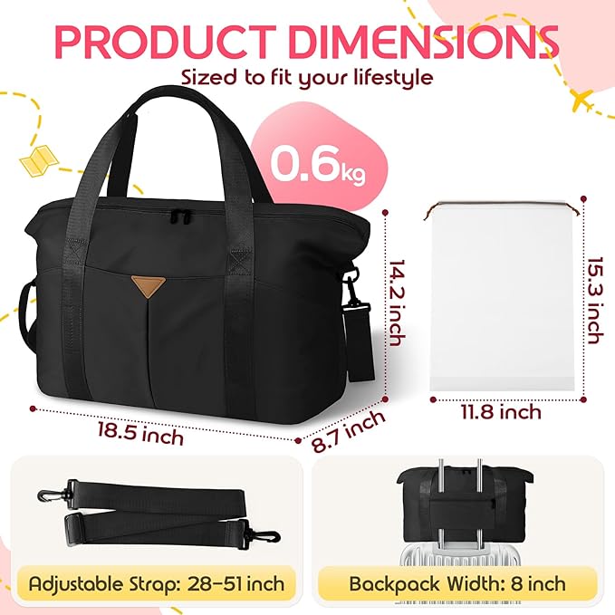 Duffle Bag for Travel, Carry-on Travel Bag with Trolley Sleeve, Sport Gym Bag for Women, Overnight Bag for Men, Hospital Bag for Labor and Delivery (Black)