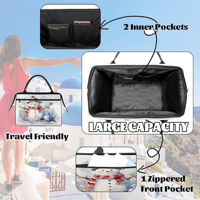 Overnight Weekender Bags for Women Men, Watercolor Snowman Bird Waterproof Travel Carry On Duffel Bag, Lightweight Sports Gym Bag for Fitness, Workout, Travel