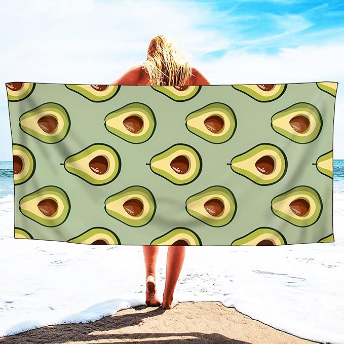 Avocados Pattern Beach Towel Extra Large 36" x 72", Thin Lightweight Microfiber Towels with Fruit Design, Sand Free and Quick Dry, Compact Bag
