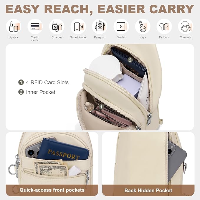 Sling Bag for Women, Anti-Theft RFID Crossbody Bag Nylon Sling Purse for Travel, Puffy Small backpack for Daily Hiking Sports White