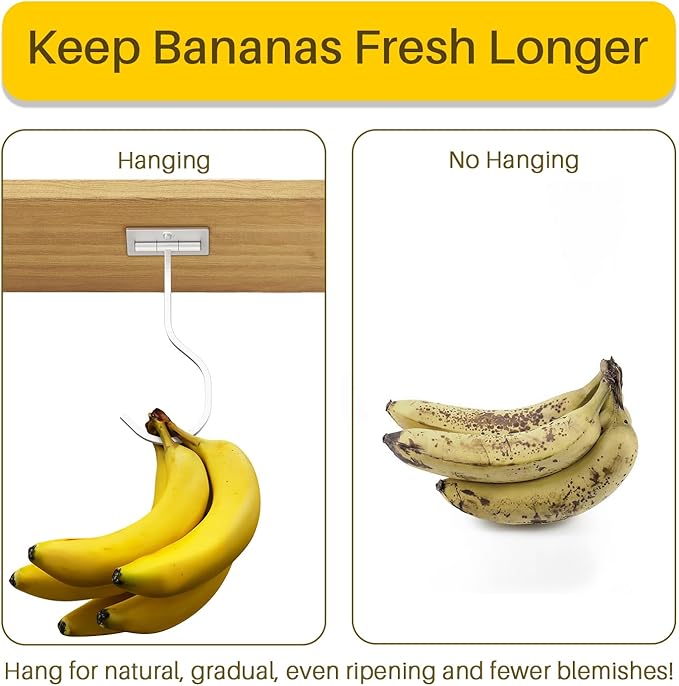 Under Cabinet Banana Hook Foldable - Adhesive Banana Hanger Under Counter, Heavy Duty Stainless Banana Holder (13lb), Magnetic Fold-Up When Not in Use, Premium Material, Silver