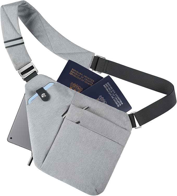 VADOO Anti-theft Sling Bag, RFID Blocking Crossbody Bag for Women and Men Lightweight Shoulder Chest Bag for Travel Sport, Grey 2.0, Large