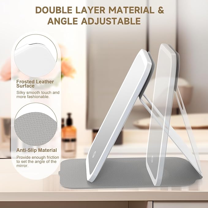 Mocado Travel Makeup Mirro with Lights, 360° Rotation Lighted Makeup Mirror, Portable Mirror with 10x Magnification, 60LEDs 3 Color Lightings, Dimmable Touch Screen, Tabletop Light up(White)