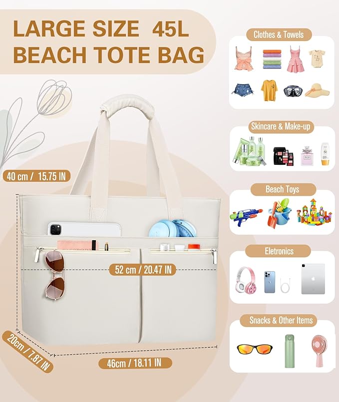 HUANLANG Large Beach Bags for Women Pool Bag with Zipper, Waterproof Sandproof Beach Tote Travel Bag with Wet Pocket | Waterproof, Large capacity, Dry/wet separation, Durable fabric, Cooling function, sandproof