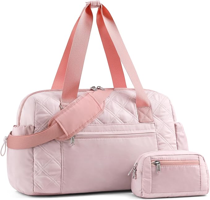 Small Gym Bag for Women, Mini Sports Duffle Bag for Workout Dance Ballet Yoga Gymnastics, Quilted Lightweight Puffer Travel Tote with Detachable Coin Purse & Wet Pocket, Pink