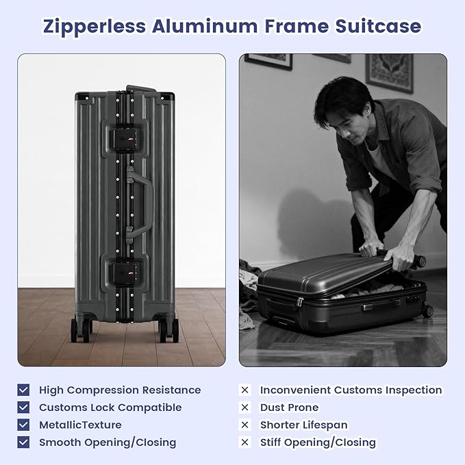 20 Inch Carry On Suitcase, Aluminum Frame Zipperless Hard Shell Luggage with Spinner Wheels, TSA Lock, USB Charging Port, Phone Holder, Cup Holder for Business Travel and Trips, Grey