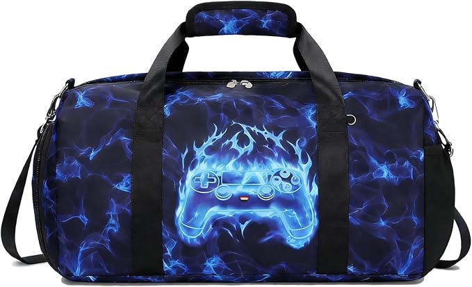 Duffle Bag for Boys Sport Gym Bag with Wet Pocket Shoes Compartment for Teen Boys Luminous Blue Flame Game Travel Bag Dance Bag