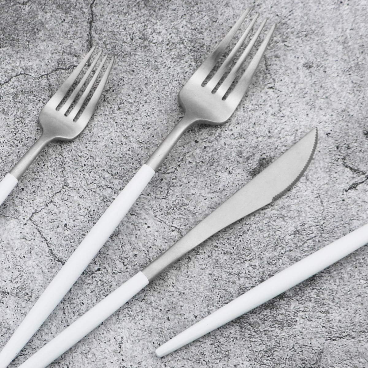 Gugrida 20-Piece 18/10 Stainless Steel Flatware Silverware, Luxury Dinnerware Set Travel Cutlery Tableware Include Knife Fork Spoon Service for 4, Dishwasher Safe (White Handle Matte Silver)