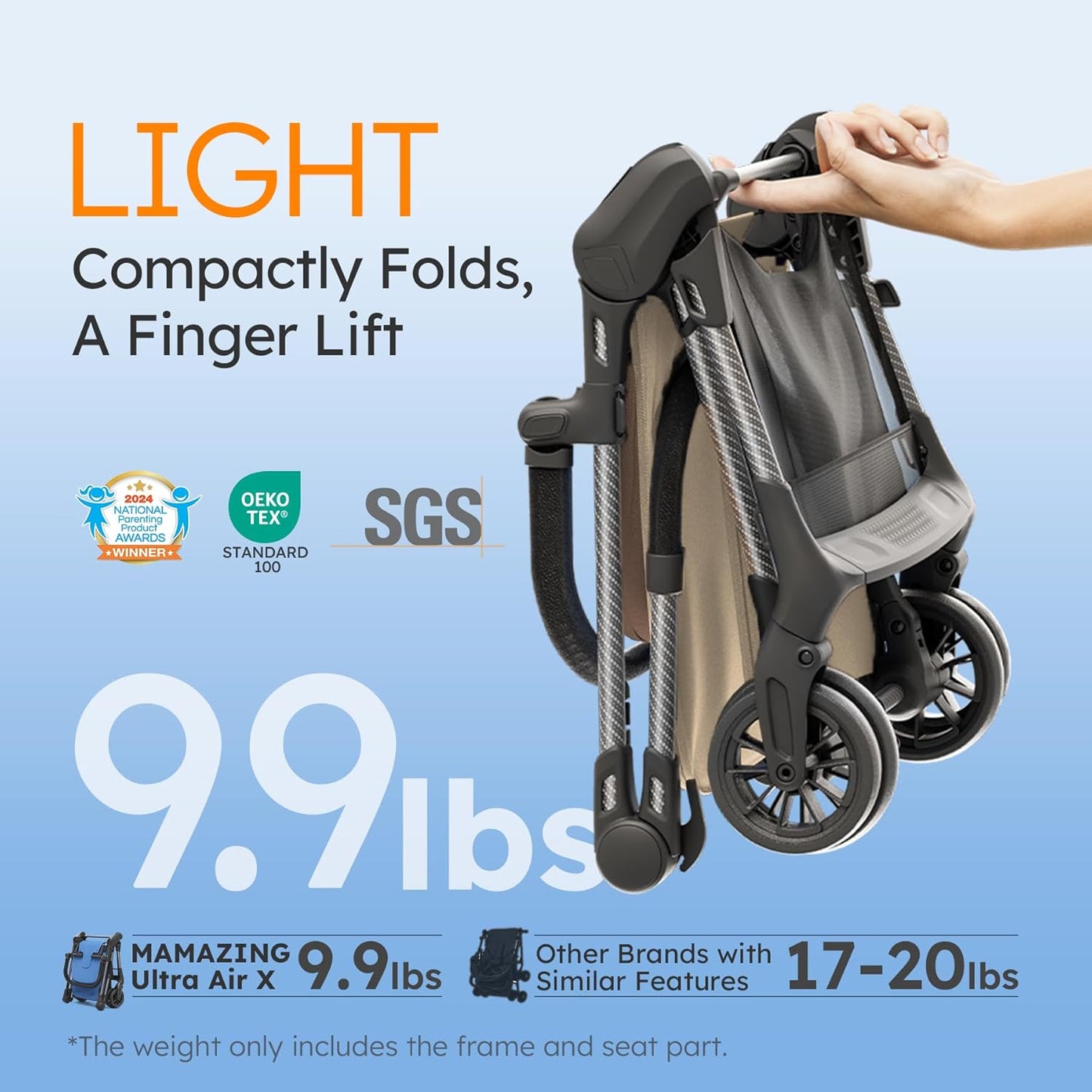 MAMAZING Ultra Air X Travel Stroller - Ultra-Lightweight Under 10 lbs, Carbon Fiber Frame & Airplane Friendly, Lightweight Stroller with Reclining Seat, UPF 50+ Canopy & Travel Bag