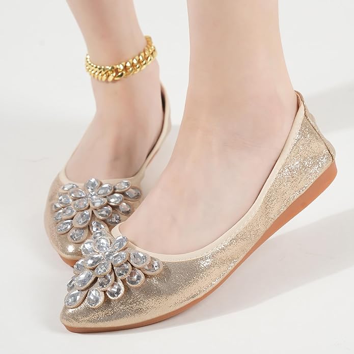 Flats Shoes for Women Rhinestone Wedding Ballerina Shoes Foldable Sparkly Comfort Slip on Flat Dressy Flats
