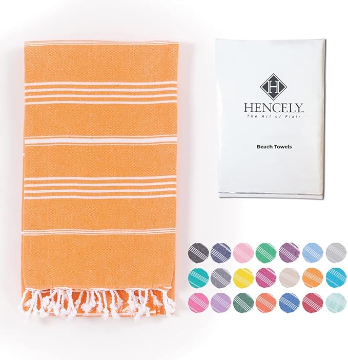 Hencely Turkish Beach Towel 37x68 Oversized, Sand-Free, Quick-Dry, Lightweight - Travel Essential for Pool & Bath - Striped 100% Cotton Bathroom Towels Accessories Gift (Orange)
