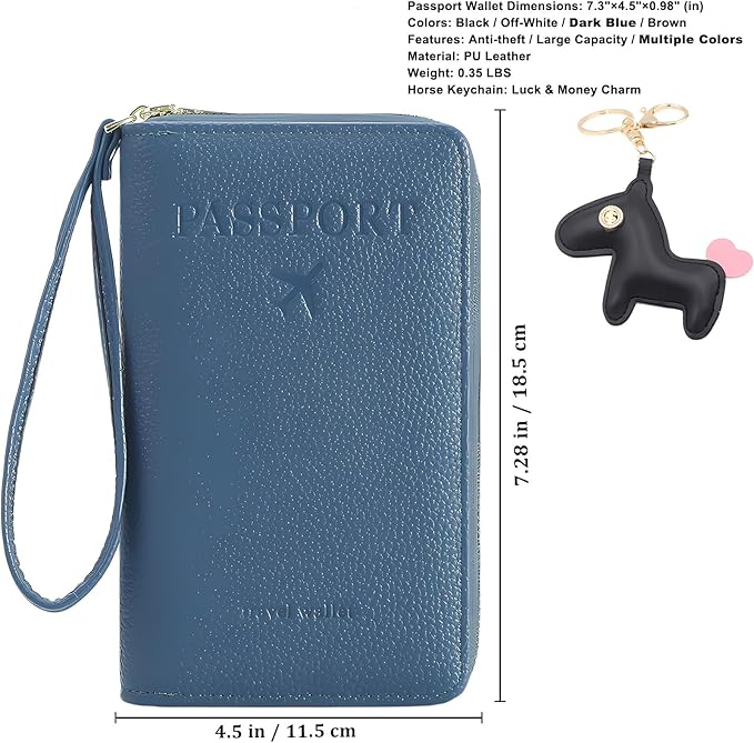 Multi-Functional Passport Holder Cover with Purse Charms,Premium Travel Wallet RFID Blocking Passport Cover Card Case for Holds Phones, Passports, Cash, Cards & Boarding Passes-Blue