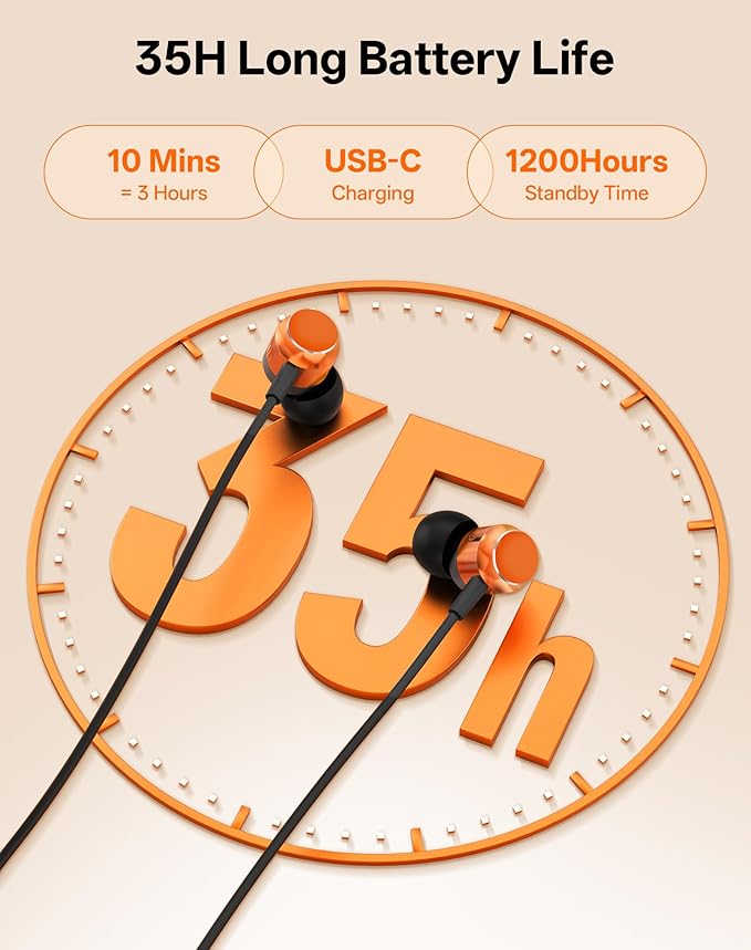 Neckband Bluetooth Headphones, Wireless Bluetooth 6.0 Earbuds with Microphone, Comfortably Light, Deep Bass Earphones 35H Playtime, IPX5 Waterproof, Magnetic Headset for Workout (Deep Orange)