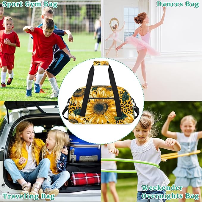 Leopard Yellow Sunflower Gym Travel Duffle Bag for Women & Men with Front Zipper Pocket for Sports, Overnight, Weekender, Carry On,Workout & Dance Bag,Yellow Flower Floral,18.9 * 8.7 * 10.6 in