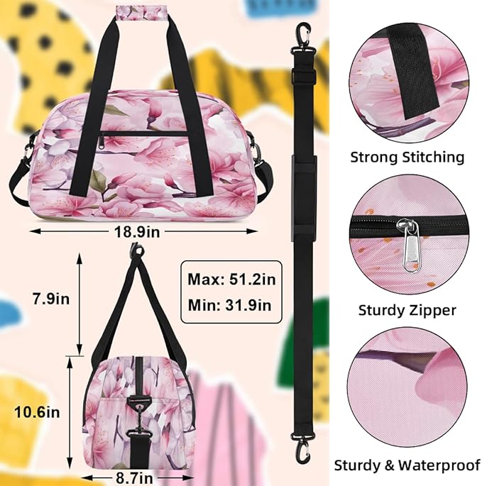 Gym Bag for Women Men, Pink Cherry Blossom Pattern Travel Duffle Bags for Dance Ballet Overnight, Carry-On Weekender Bag with Detachable Shoulder Strap
