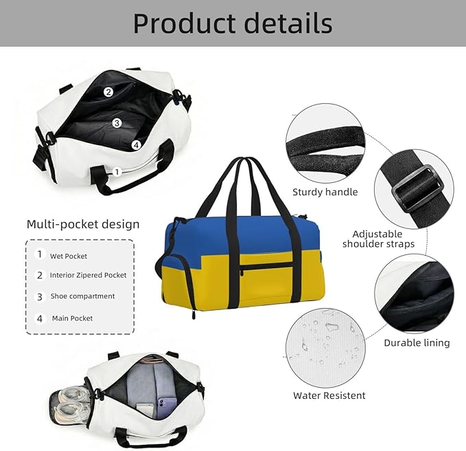 Flag of Ukraine Print Gym Bag with Shoe Compartment for Women Men, 17.7in Sports Duffle Weekender Tote, Overnight Travel Duffel Bag Carry On