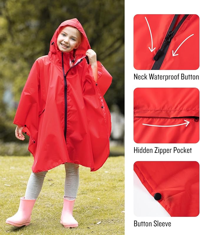 SaphiRose Lightweight Kids Rain Poncho Waterproof Jacket Zipper Up Rain Coat