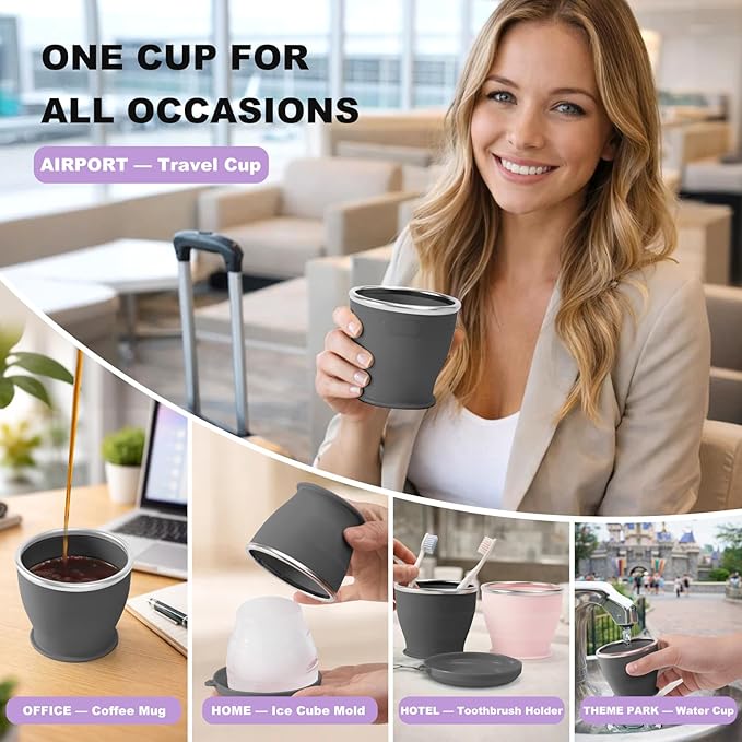 Collapsible Travel Cup, BPA-Free Reusable Water Cup, Lightweight Drinking Cups with Lids and Carrying Strap, Dishwasher Safe Silicone Cups for Camping, Travel, Airports, Hotel (6.7oz, Black)