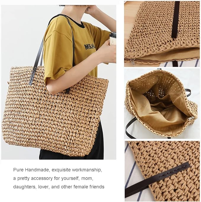Large Straw Beach Bag for Womens, Straw Handbag Woven Tote Bag With Zipper Summer Shoulder Bag