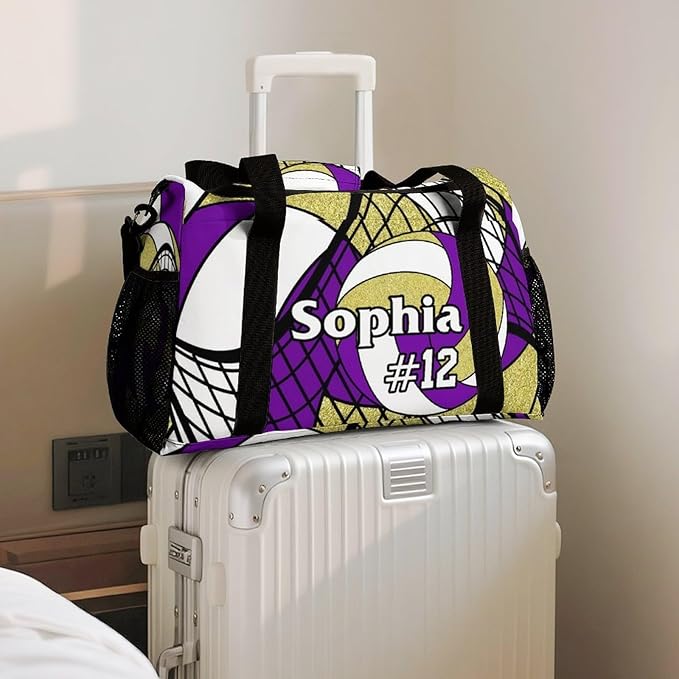 Custom Volleyball Purple Gold Duffel Bag with Name Personalized Travel Bags Sport Gym Bag Carry On Weekender Bags for Men Women