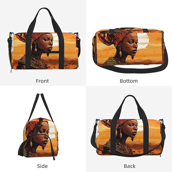 Sports Gym Bag Ethnic African Woman Pattern Travel Duffel Bag With Shoe Compartment Shoulder Strap, Lightweight Water-Resistant Weekend Overnight Totes For Women Men