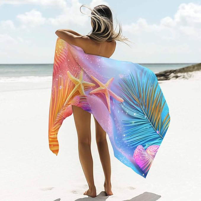 Summer Dreamy Ocean Beach Towel 35" x 71" Starfish Shells Palm Leaves Quick Dry Sand Free Pool Towels Soft & Absorbent Compact Towels Beach Accessories for Travel Bathroom Swimming Pool