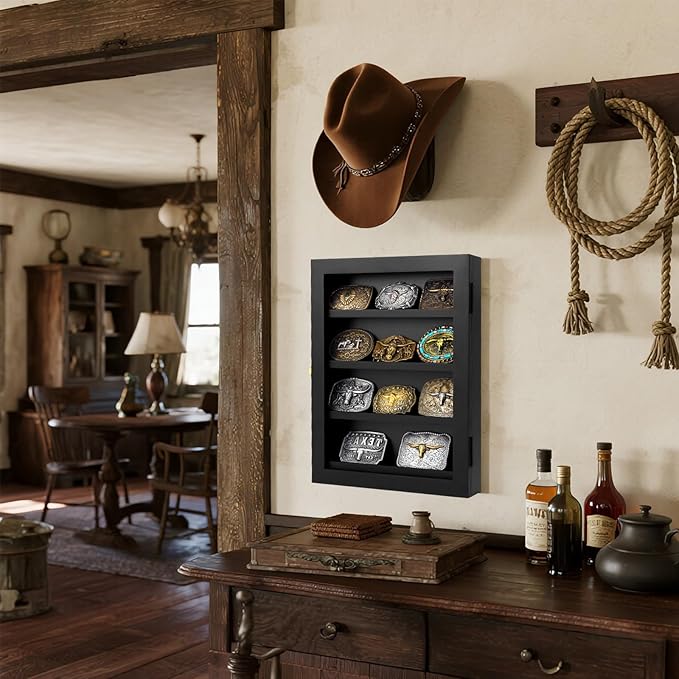 3" Belt Buckle Display Case 16×12 Black Shadow Box with Glass Door – Wall-Mounted Belt Buckle Holder & Display Frame for Collectibles – Home Décor Picture Frame (For belt buckles under 3" in height only)