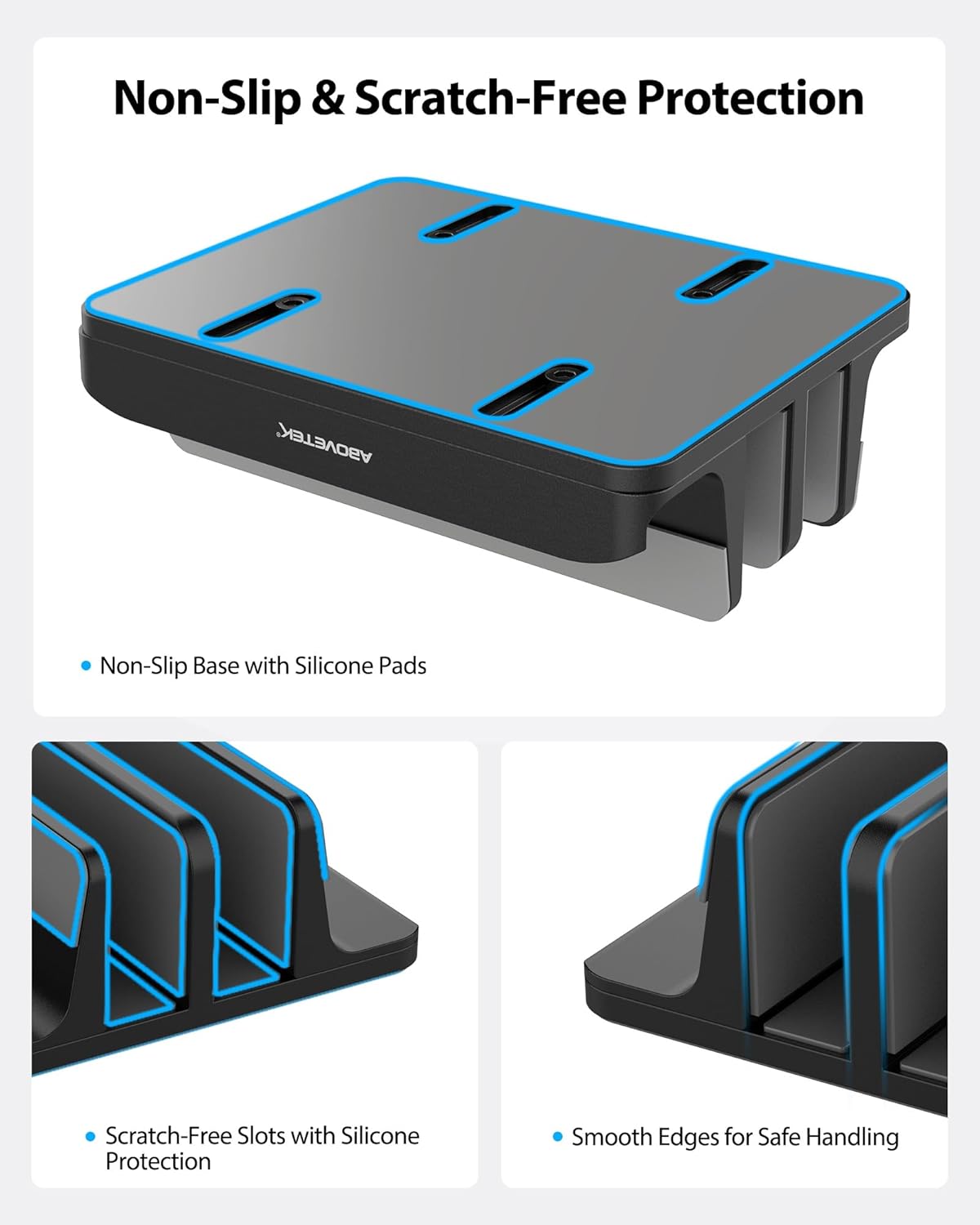 AboveTEK Vertical Laptop Stand Holder, 3 Slots Aluminum Desk Stand with Adjustable Dock Size for Tablet, MacBook, Phone - Universal Fit (up to 17.3") - Heavy Duty Polished, Anti Slide - Black