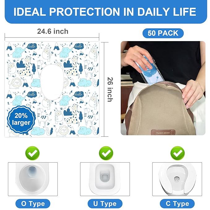 50 PCS Disposable Toilet Seat Covers, Extra Large Portable Potty Seat Covers for Toilet, Bathroom, Toddler & Kid Potty Training Seat Cover, Travel Essentials for Airplane, Trip-Animal