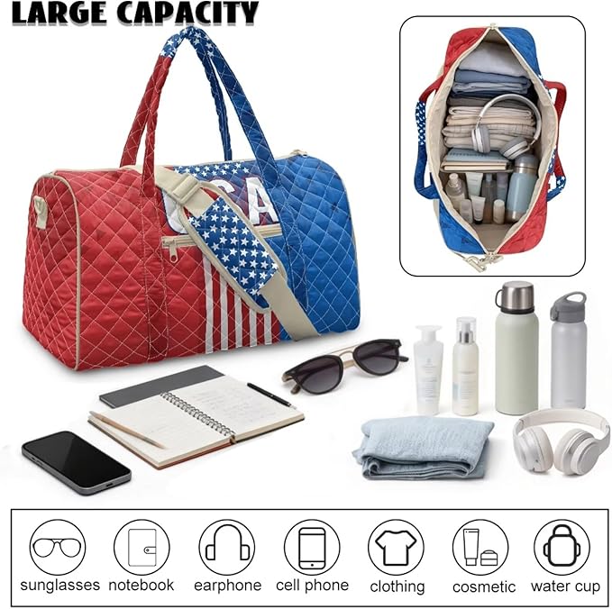 COEQINE American Flag Quilted Duffle Bag for Women Men Travel Red Blue USA Overnight Weekend Gym Carry On Luggage Bag Adjustable Shoulder Strap & Top Handle
