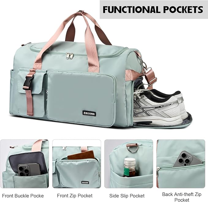 Eslcorri Gym Duffle Bag for Women Men, Sports Backpack with Wet & Shoe Compartment, Fitness Overnight Weekender Bag for Yoga, Swim, Travel (Style B, Pink)