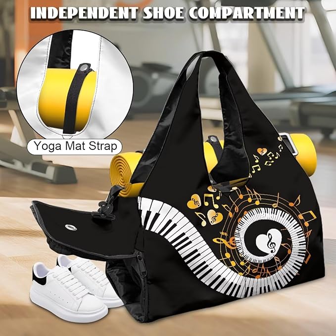 Musical Notes Heart Gym Bag for Women with Shoes Compartment and Yoga Mat Strap Large Capacity Duffle Bag for Dance Swim Travel Carry On Weekender Overnight Bags, Black