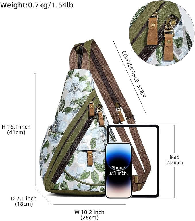 KL928 Canvas Sling Bag - Small Crossbody Backpack Shoulder Casual Daypack Rucksack for Men Women(Embroidery Green)