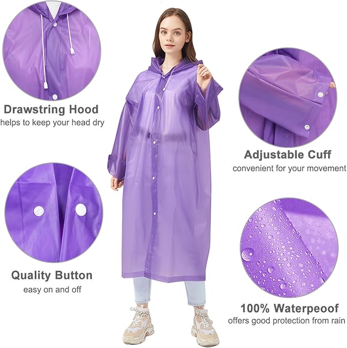 Rain Ponchos Raincoats for Adults Women, Reusable Rain Jacket Coats with Hood for Family Disney Park Travel 2 Pack
