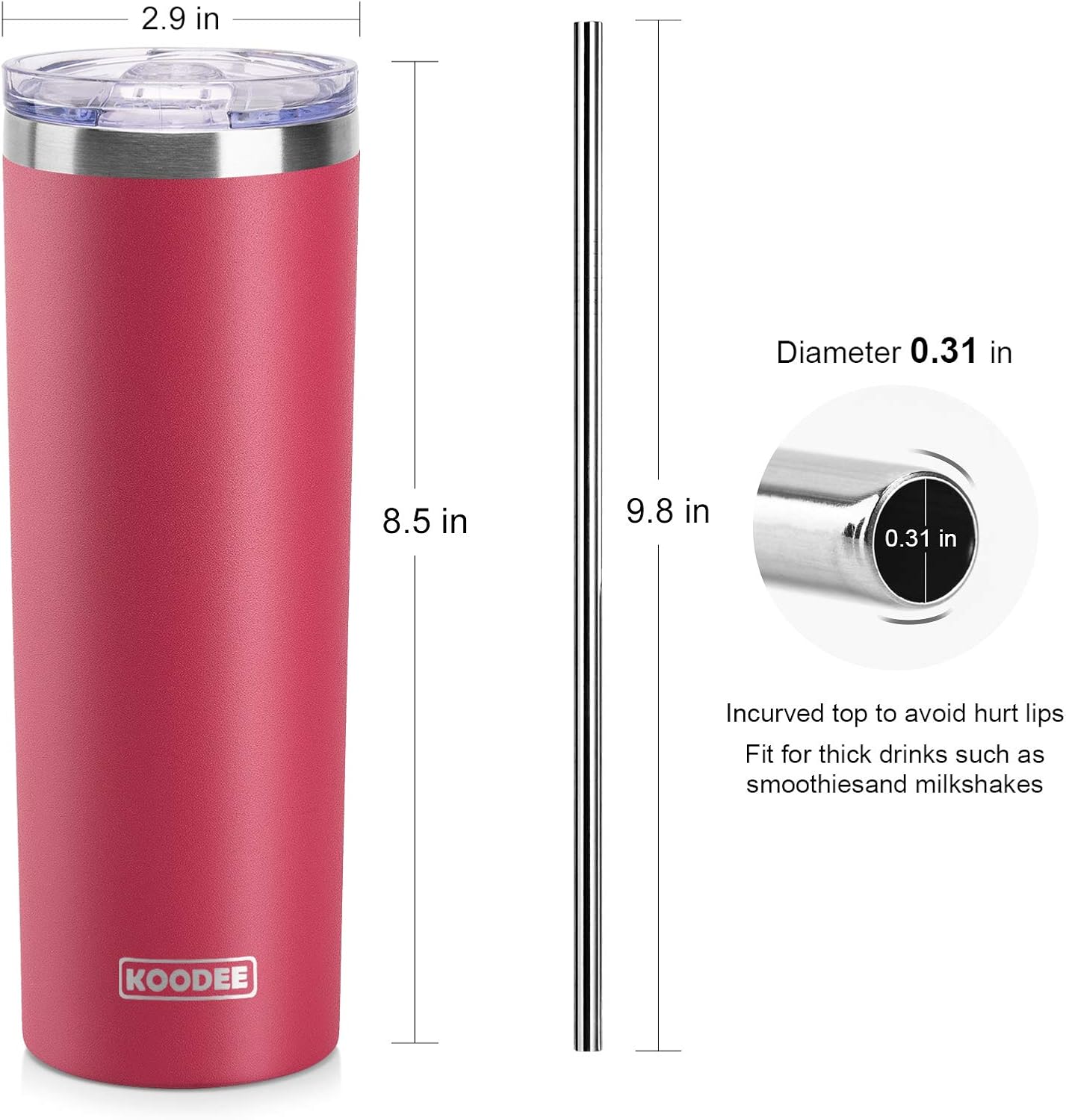 koodee 20 oz Skinny Tumbler (2 Pack) Stainless Steel Double Wall Insulated Water Tumbler Cup with Lid and Straw, Slim Travel for Women Diy Birthday Gift (Wine Red-Sky blue)