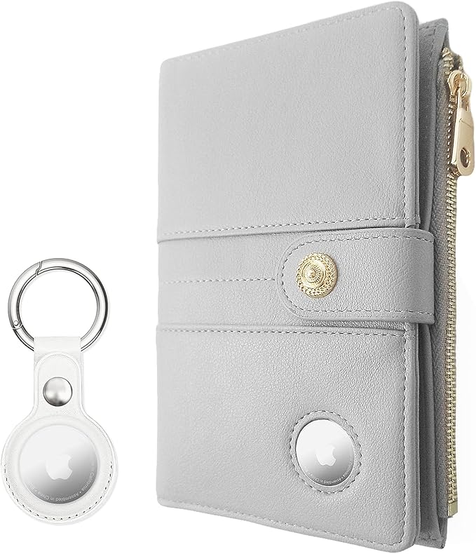 elzama Passport Holder with Airtag Slot for Travel Women, RFID Passport Wallet with Airtag Holder, Zipper Pocket Card Slots Pen Holder & Airtags Keychain (Air tag Not Included) Light Grey
