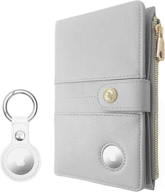 elzama Passport Holder with Airtag Slot for Travel Women, RFID Passport Wallet with Airtag Holder, Zipper Pocket Card Slots Pen Holder & Airtags Keychain (Air tag Not Included) Light Grey