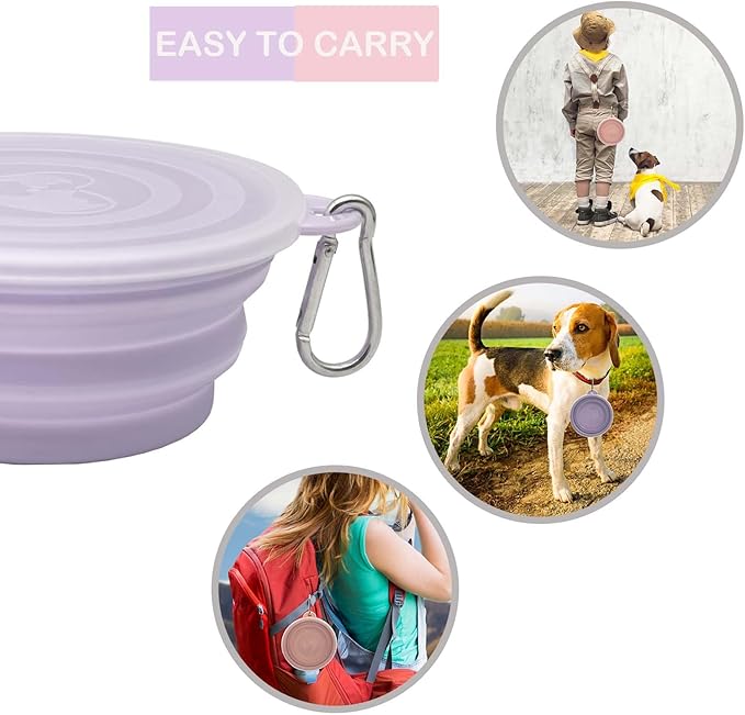Small Collapsible Dog Bowl 12oz,2 Pack Portable and Foldable Pet Travel Bowls with 2 Carabiners & Lids for Dogs Cats and Small Animals (Macaron Purple+Pink, 350ml)