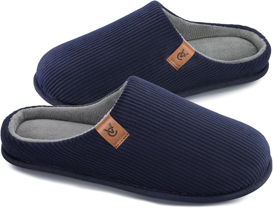 VeraCosy Men's Cozy Slip-on Slippers Corduroy Memory Foam Indoor House Shoes
