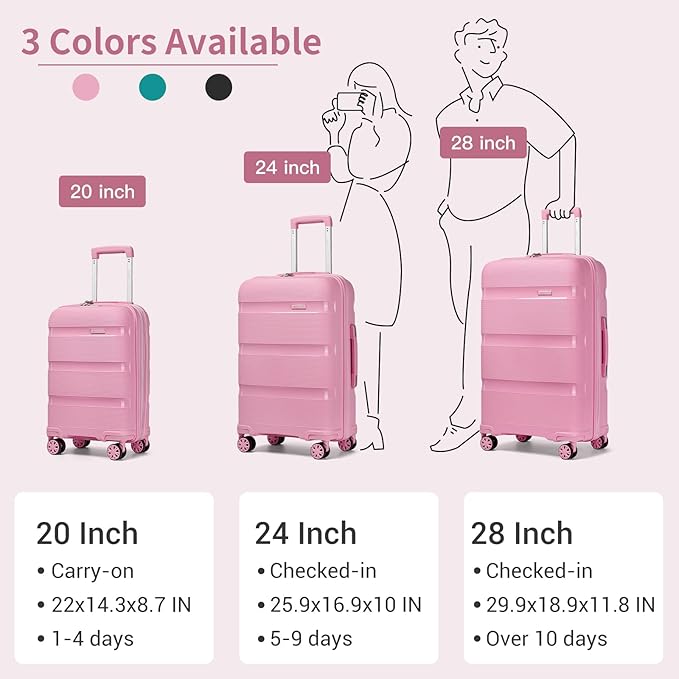Kono Carry On Luggage 20 Inch Expandable 22x14x9 Airline Approved Hard Shell Travel Trolley 4 Spinner Wheels Lightweight Polypropylene Suitcase with TSA Lock, Pink