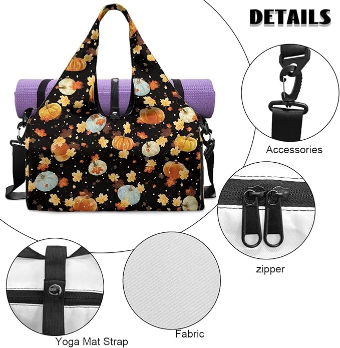 Maple Leaf Pumpkins Small Gym Bag for Women with Shoe Compartment Duffle Bag for Travel Carry On Overnight Weekender Bags Fitness Workout Yoga Tote Bags for Thanksgiving Themed Gifts