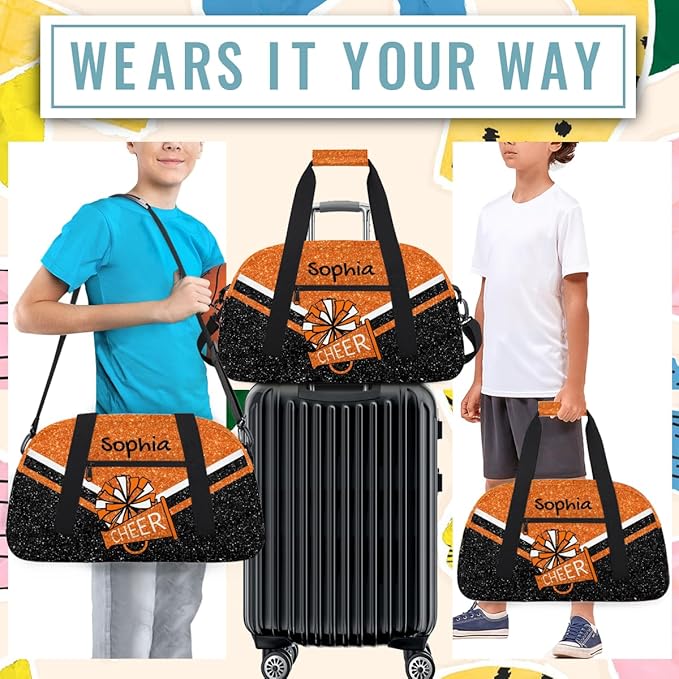 Personalized Orange Glitter Cheer Bag for Cheerleaders, Custom Sport Gym Bag Dance Bag Travel Duffle Bag Cheerleading Gifts for Women