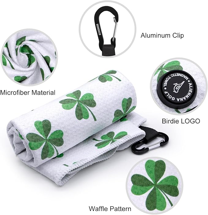 Magnetic Golf Towel, Microfiber Waffle Design with Clip - Industrial Strength Magnet for Strong Hold to Golf Bags, Carts Clubs (Lucky Clover)