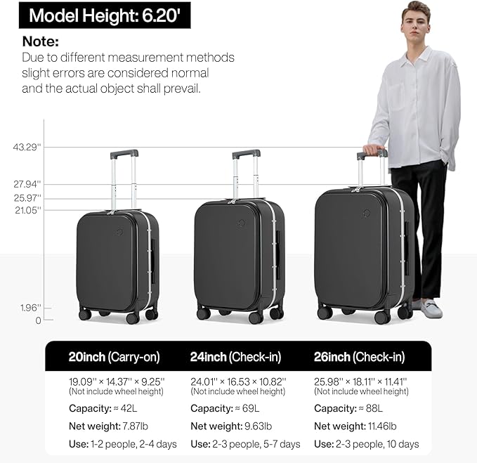 mixi 20 Inch Carry On Luggage 22x14x9 Airline Approved PC Hard Shell Suitcase Top Opening Aluminum Frame Travel Suitcases with Wheels, Blcak
